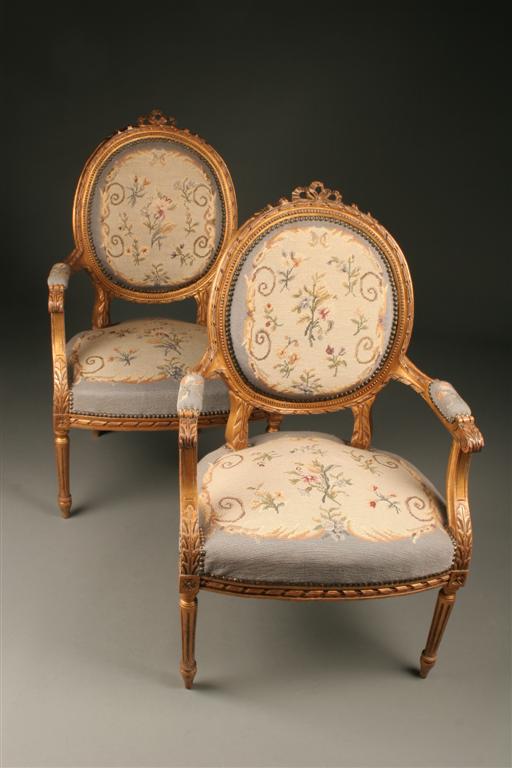 Pair of French 19th C. Louis XVI Style Armchairs in Petit Point Fabric  (SN0615-05) — 145 Antiques