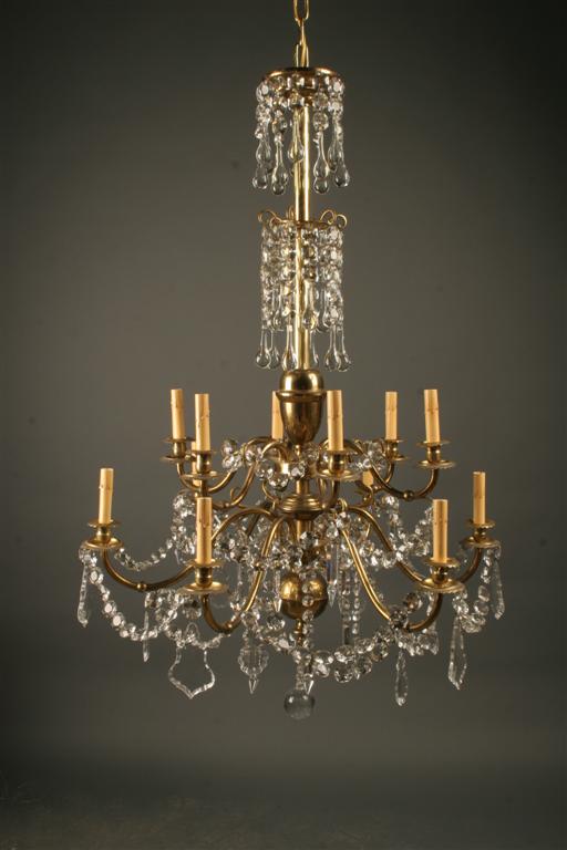 Antique French 12 arm brass and crystal chandelier