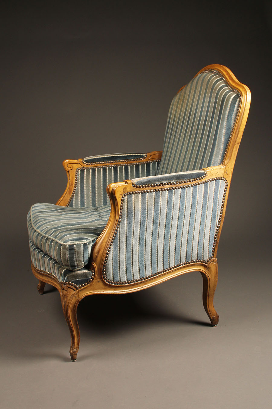 Pair of french louis xv style wooden yellow striped upholstered armchairs
