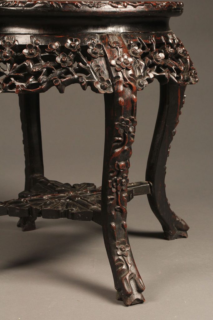 Antique Low Chinese Table With Hand Carved Birds And Flowers In Rosewood