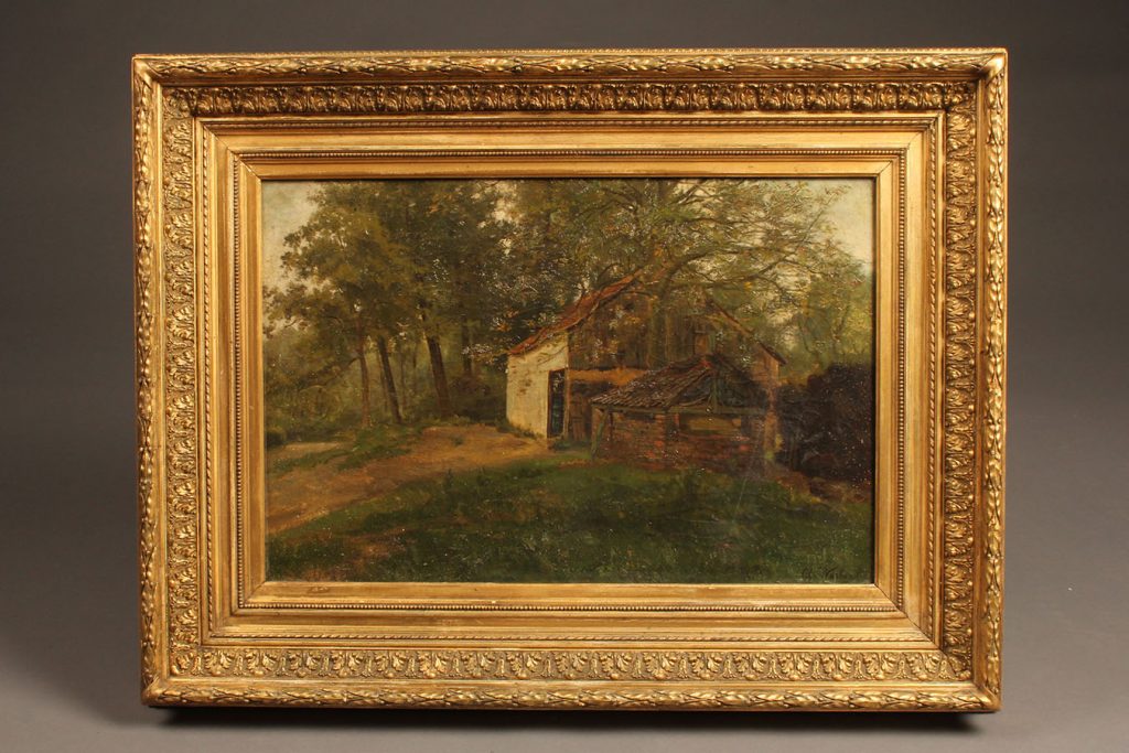 Antique landscape on oil and canvas of a cottage in a forest.