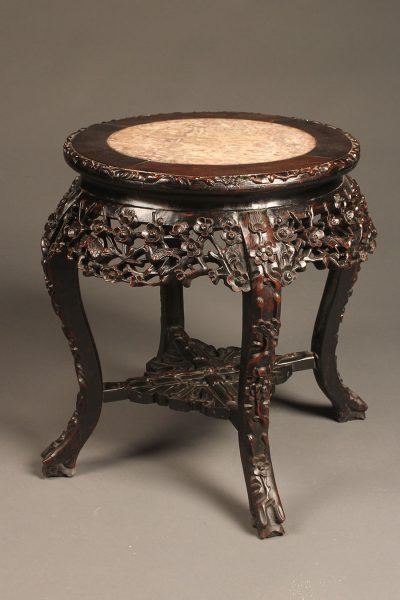 Antique low Chinese table with hand carved birds and flowers in rosewood