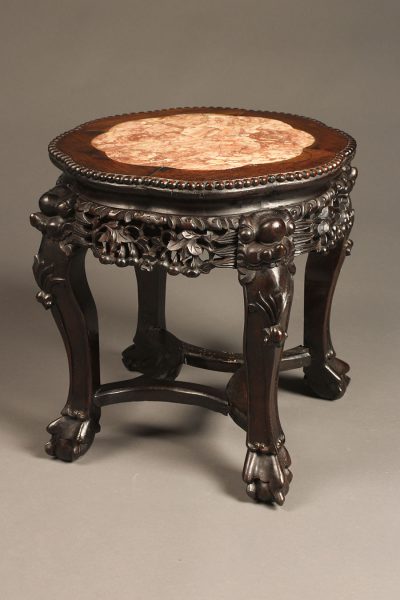 Antique Chinese table with hand carvings in teak and marble top.