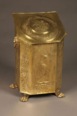 19th century English coal hod with iron liner, claw feet and brass repoussè