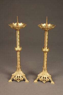 19th century French pair of Gothic styled brass candelabras