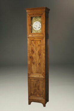 French Louis Philippe period tallcase clock in burl elm with a Morbier movement.