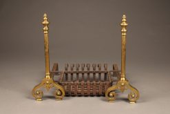 Late 19th century three piece set of brass English andirons with original iron basket